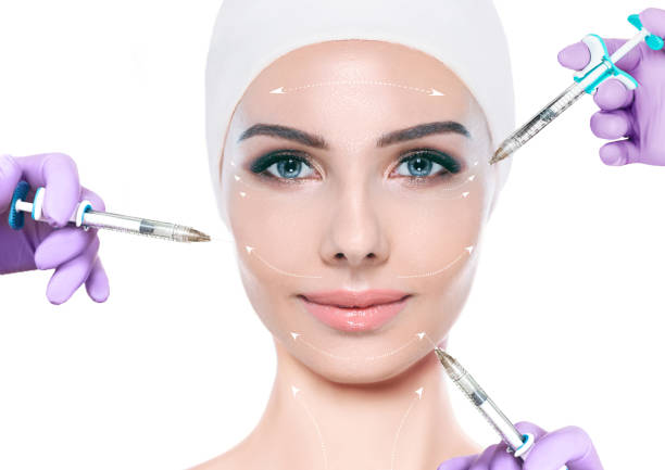 woman advertising anti-aging face injection. remove your wrinkle. lot of syringes around a female face. non-surgical cosmetology